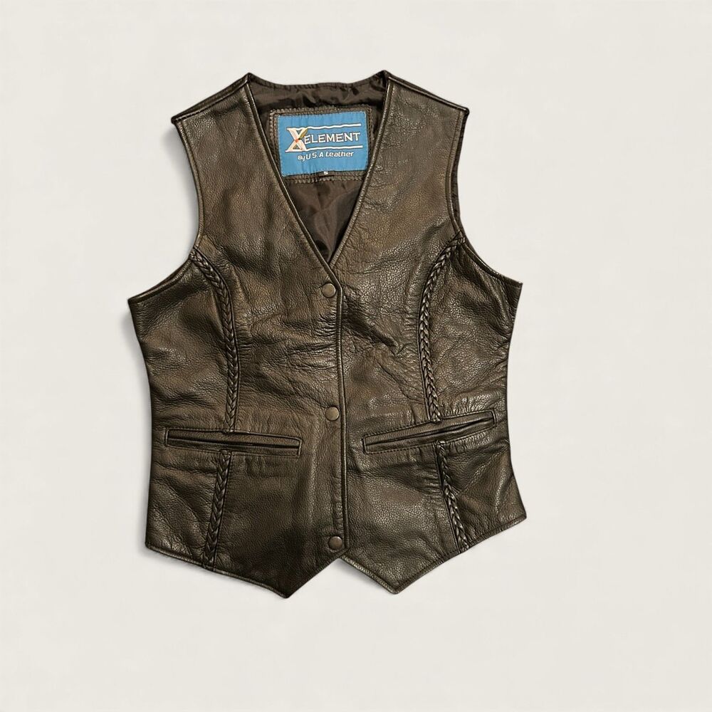Xelement USA Leather Women’s Black Leather Motorcycle Vest Braided Trim Small